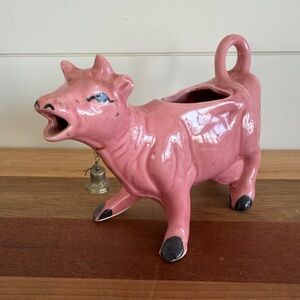 Vintage Pink Ceramic Cow Creamer with Brass Bell Japan